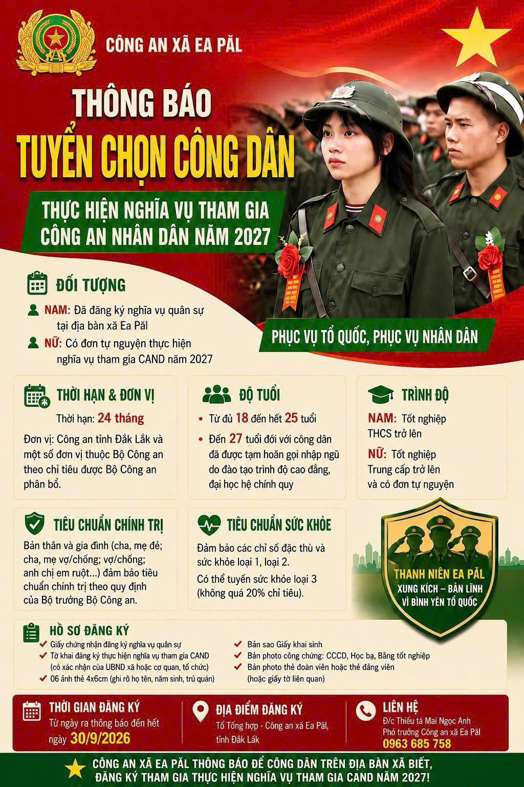 CÔNG AN XÃ EA PĂL THÔNG BÁO TUYỂN CHỌN CÔNG DÂN THỰC HIỆN NGHĨA VỤ THAM GIA CÔNG AN NHÂN DÂN NĂM 2027