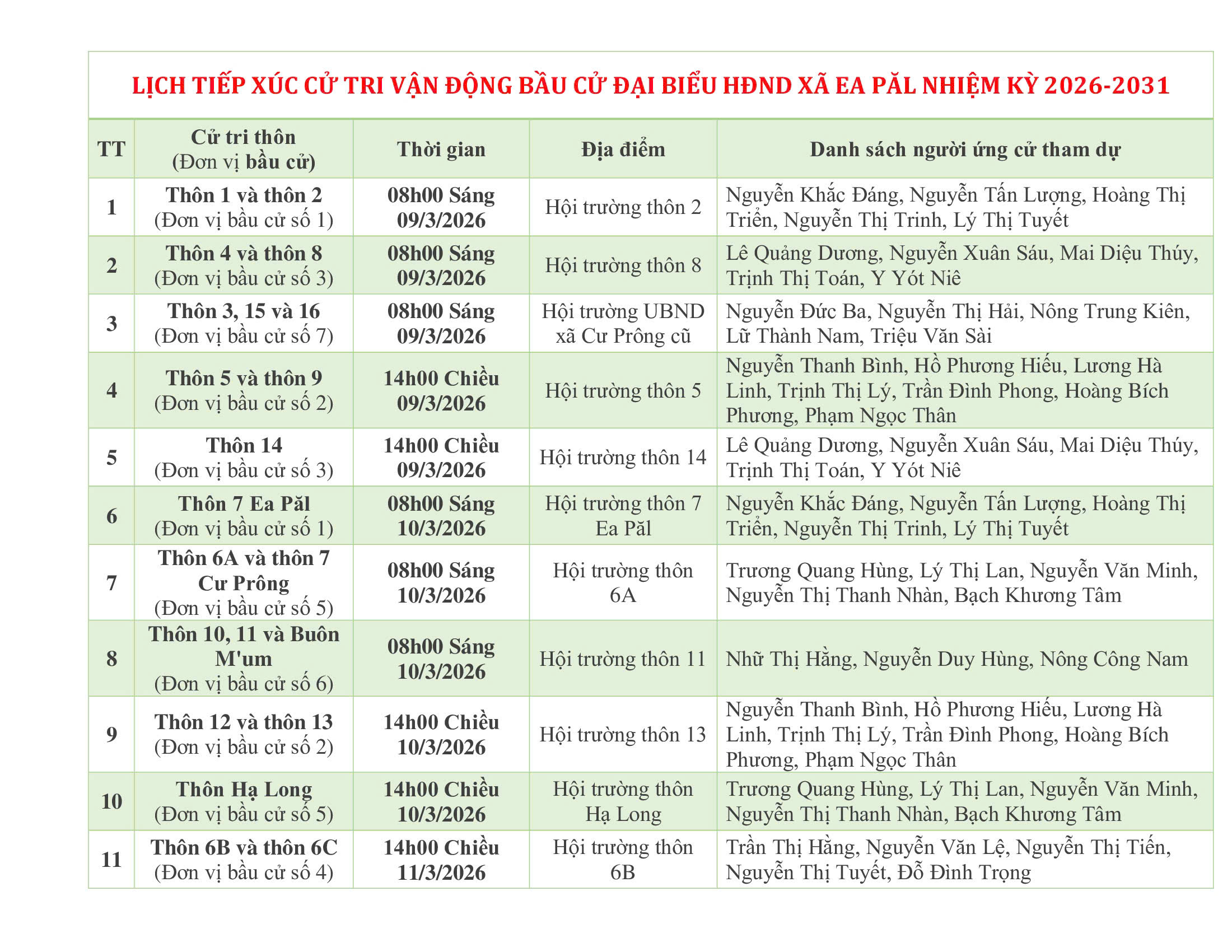 THÔNG BÁO LỊCH TIẾP XÚC CỬ TRI VẬN ĐỘNG BẦU CỬ ĐẠI BIỂU HỘI ĐỒNG NHÂN DÂN XÃ EA PĂL, NHIỆM KỲ 2026 – 2031